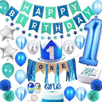 1-ojo Gimtadienio Berniukas Papuošalai Berniuko gimtadienio prekių mėlyna papuošalai 67PCS su 1-asis Gimtadienis Kūdikio Karūna