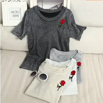 2017 Moterų Shinner Megzti T marškinėliai Topai Trumpas Stiliaus Gėlių Siuvinėjimas Tees Feminino Moteris Atsitiktinis Puloveriai T-shirt