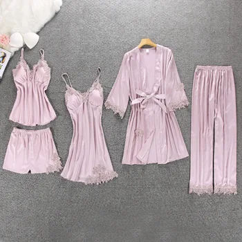 2020 5 vnt Satino Sleepwear Pajama Moterų Pižama Šilko Namų Drabužiai Namų Drabužių Lounge Pyjama su Krūtinės Pagalvėlės