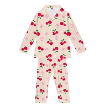 2020 Vyšnių vaisių modelis Vasaros Šilko Moterų Pižama ilgomis Rankovėmis Rinkiniai Su Šilko Kelnės Pijama Namų Sleepwear 3D Spausdinimo Pižamos