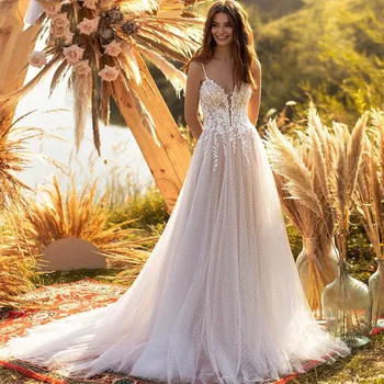 2022 Elegantiškas-Line Nėrinių Vestuvių Suknelė Sexy V Kaklo Spageti Dirželis Rankovių Iliuzija Tiulio Moteris Mariee tai Customzie Skraiste