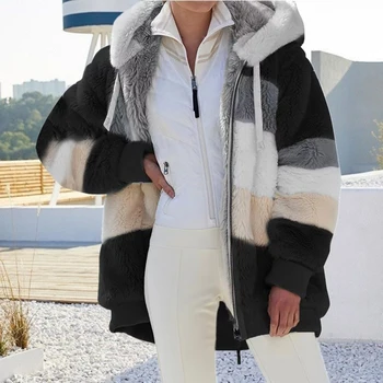 2022 m. Žiemos Moterų Elegantiškas Gobtuvu Šiltas Laisvi Švarkai Ponios Atsitiktinis Kratinys Viršutiniai drabužiai Užtrauktukas Moterų Negabaritinių 5XL Storas Kailis