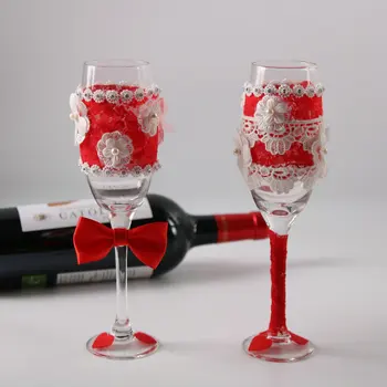 2vnt/komplektas raudona Vestuvių Stiklo Vestuvių Šampanas ToastingFlutes su raudona Bowknot nėrinių ir krištolo Kaimiškas Vestuves Apdaila