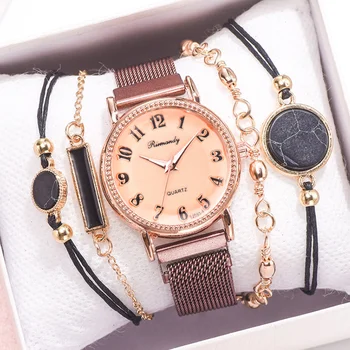 5VNT Apyrankę Nustatyti Moterų Laikrodžiai, Prabangūs Ponios Tinklelio Diržo Magnetinio Nerūdijančio Plieno Laikrodžiai Kvarciniai Laikrodžių Dovana Reloj Mujer часы