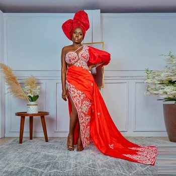 Afrikos vakarinės Suknelės Nigerijos Seksualus abiye Raudona Vieną Petį Ilgai Prom Šalis Suknelė Karoliukai Individualų Traukinio chalatas de soiree