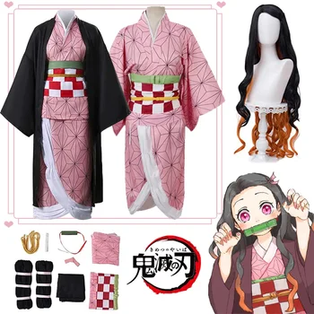 Anime Demon Slayer Kamado Nezuko Cosplay Kostiumų Kimono Haori Perukas Halloween Kostiumai Kostiumas Moterims, Vyrams, Vaikams Suaugusiųjų Komplektai