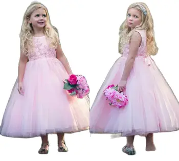 Apsvaiginimo Bamblys Kids Pink Gėlių Mergaičių Suknelės Vakarų Mergina Nėrinių Suknelė Princesė Brangakmenis Kaklo Gimtadienio Kamuolys Chalatai Berniukų Drabužiai