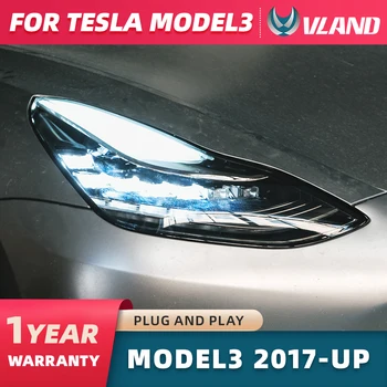Automobilio Stilius VLAND Galvos Lempa Tesla Model 3 LED priešakinių Šviesų 2017+ DRL Posūkio Signalo Projektoriaus Objektyvo Šviesos