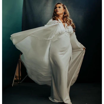 Balta Šilko Nuotakos Apdaras Nightgowns Dviejų Dalių Vestuvių Ilgomis Rankovėmis Sleepwear Fotografijos Žaliojo Appliques Nuotakos Boudoir Suknelė