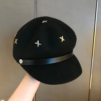 Beretė Žiemos moterys karinio jūrų laivyno skrybėlę Ėriukų vilnos aštuoniakampis skrybėlių mados odos susiuvimo mados skrybėlę vyrų beretė vyrai moterys