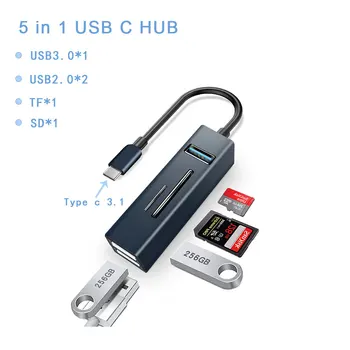 C tipo USB C Hub USB KONCENTRATORIAUS 3 jungtys USB 3.0-2.0 Hub Splitter TF/SD Kortelių Skaitytuvas Adapteris Nešiojamas Stalinių Kompiuterių Priedai
