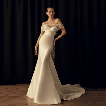Elegantiškas Dviejų Dalių Vestuvinė Suknelė, Undinėlė Valymo Traukinio Satino Nuotakos Suknelė Užsakymą Balto Dramblio Kaulo Civilinės Nuotakos Suknelė 2023