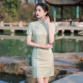 Elegantiškas Nėrinių Apdaila Mandarinų Apykaklės Mini Cheongsam Rankų Darbo Mygtukai Shrot Šifono Rankovės Qipao Kinijos Moterų Suknelė