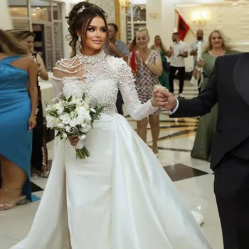 Elegantiškas Perlai Undinė Vestuvių Suknelės Aukšto Kaklo Nėrinių Satino Pusės Split Nuotakos Nėrinių Suknelė Ilgomis Rankovėmis Arabų Dubajus Chalatas De Soiree