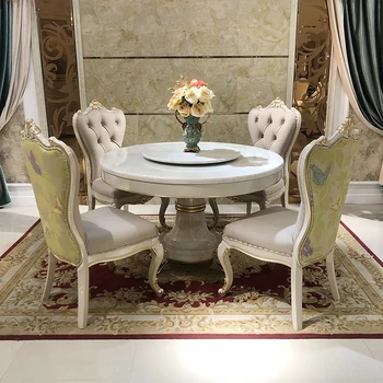 Europos marmuro, apvalus pietų stalas ir kėdės derinys medžio masyvo išdrožtos valgomojo stalas, valgomojo šviesos prabangių pietų stalo