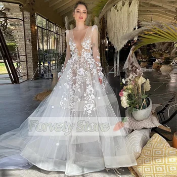 Forvety Boho Vestuvių Nėrinių Aplikacijos ilgomis Rankovėmis Giliai V Kaklo Nuotakos Suknelė 3D Gėlių Linija Suknelė Plius Dydis Tiulio Sexy