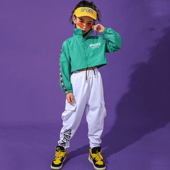 Hip-Hop Šokio Kostiumai Mergaitėms Tiktų Žalia ilgomis Rankovėmis kailis Džiazo Drabužių, Gatvės Šokiai Vaikams, Žalia Etape Kostiumas