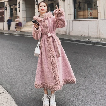 Ilgai Rožinė Moterų Žiemos Paltai Avių Garbanos Susiuvimo Korėjos Prarasti Gobtuvu Elegantiškos Ponios Apsiaustu Vėjo Paprastas Atsitiktinis Mados Outwear