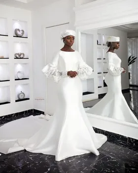 Ilgomis Rankovėmis Nara Aziza Vestuvių Suknelės 2022 Nėrinių Dėmių Brangakmenis Kaklo Afrikos Valymo Traukinio vestido saten largo nuotakos suknelė