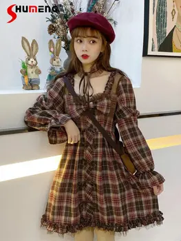 Japonijos Mielas Studentų Moteris Pledas Trumpas Languotas Suknelė Moterų Rudenį ir Žiemą 2023 Naujas Saldus Princesė Stiliaus ilgomis Rankovėmis Suknelės