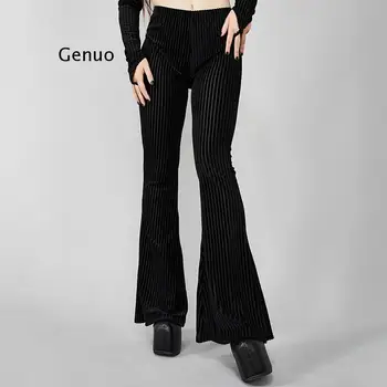 Juoda Vintage Moterų Aukšto Juosmens Suede Juostele Liesas Kojų Kelnės Pavasario Moterų Streetwear Tamsiai Elastingumą Kelnės