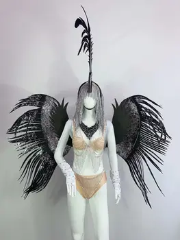 Klubo Etapas Dėvėti Moterims gogo seksualus plunksnų sparnais, galvos apdangalai bikini komplektas DJ Šalies kostiumas