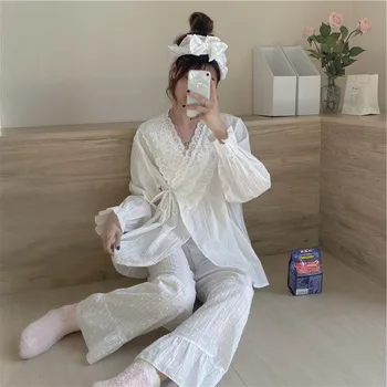 Korėjos Rudens Nėrinių Elegantiška, Gryna Spalva Medvilnės 2021 Pižama Moterų Medvilnės Saldus Palace Stiliaus Pižama Nustatyti Namų Drabužiai