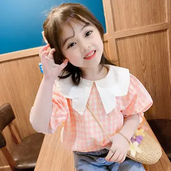 Korėjos Stiliaus Mielas Mergaičių Marškinėliai, Mados Pledas Trumpas Sluoksniuotos Rankovėmis Vaikai Viršūnes Outwear 2021 M. Vasaros Vaikų Drabužių 2-6 Metų