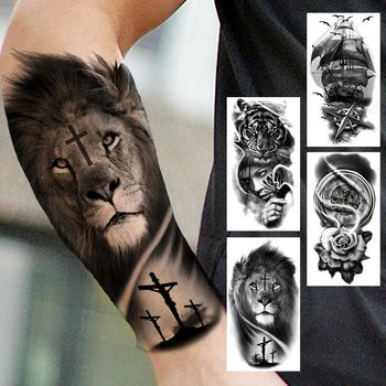 Liūtas Vandeniui Laikinos Tatuiruotės Vyrams, Moterims, Realus Tigras Piratų Laivo Kompasas Gėlių Atostogų Tatuiruotė Lipdukas Rankos Tatoos 3D