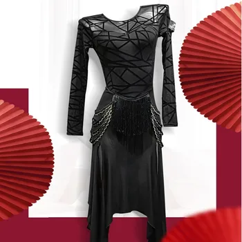 lotynų šokių konkurencijos kostiumai lotynų stiliaus suknelė salsa drabužius cha cha šokių suknelė moterų šokių drabužiai šiuolaikinių šokių suknelė juoda