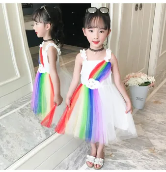 Mados vaivorykštė nėrinių suknelė mergaitėms elegantiškas off peties Gimtadienio Vaikai Suknelės debesis akių vaikams vestido gxj