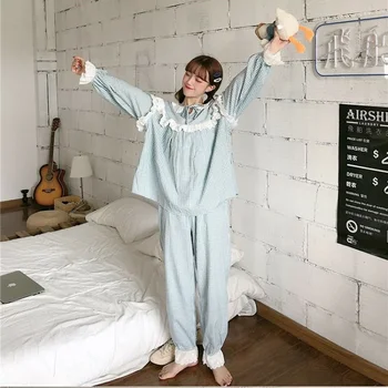 mielas išgalvotas nėrinių sleepwear 2 dalių rinkinys moterims, namuose kostiumas raukiniai pledas pižama rinkinys lolita princess viršuje kelnės homewear rinkinys