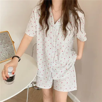 mielas medvilnės vyšnių pledas pižama nustatyti moterų namų drabužius 2 dalių komplektas trumpas rankovės sleepwear šortai pijamas vasaros homewear
