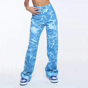 Moterims, Stilingas Mėlynos Bangos Modelis Tiesūs Džinsai Aukšto Juosmens Laukinių Streetwear Džinsinio Audinio Kelnės 2021 Atsitiktinis, Madinga Moterų Kelnės