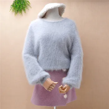 moterų moterų plaukuotas fuzzy pilka mink kašmyro megztos ilgos žibintų rankovėmis, plonas megztinis iš angoros triušių kailių žiemos megztinis megztinis