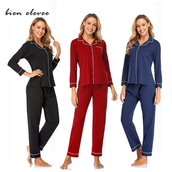 Moterų Pajama Komplektai Medvilnės Sleepwear Rudens Žiemos Atsitiktinis Loungewear ilgomis Rankovėmis ir Kelnės 2pieces Pijama Femme Kostiumai Mygtuką