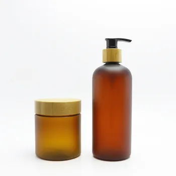 Natūralaus Bambuko Kosmetikos Pakuotės 8 oz konteinerių 500ml matinio gintaro PET Perdirbto plastiko, šampūnas, losjonas buteliuke su mediniais dangteliais