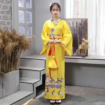 Nauja Japonų Tradicinių Kimono Moterų Geltona Ilgai Yukata Moterų Cosplay Etapo Rezultatus Kostiumas Liaudies Šokių Drabužius DQL1413