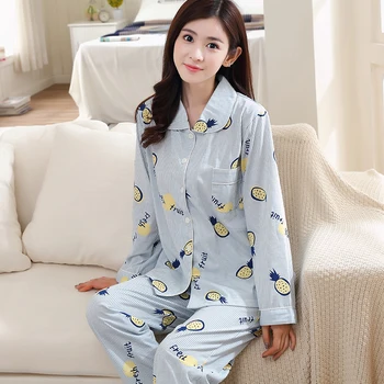 Nauja Rudens Žiemos Megztos Medvilnės Moterų Pižama Animacinių Filmų Pijamas Ilgomis Rankovėmis Atsitiktinis Minkštas Moterų Sleepwear Kostiumas Homewear