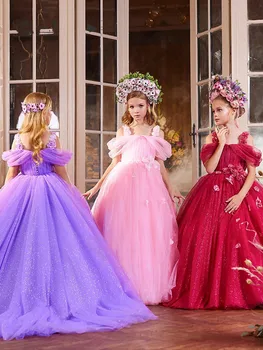 Naujas Atvykimo Princesė Suknelės Nuo Peties Gėlių Mergaičių Suknelės Rožinės Spalvos Tiulio Vestuves Suknelė Mergina Bridel Suknelė