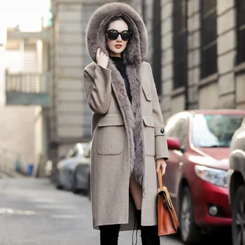 Nekilnojamojo Fox Fur Coat Žiemos Striukė Moterims Prabanga Vilnos Paltą Moteris dvipusės Vilnoniai Paltai korėjos Ilgą Striukę Abrigo Mujer MANO
