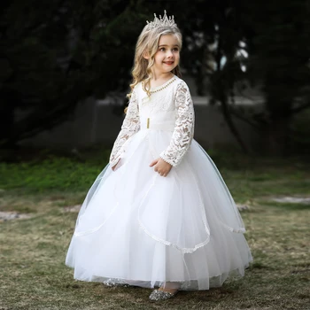 Nėriniai Elegantiškas Princesė Suknelė Mergaitėms Vestuvių Oficialus Balta Bridesmaid Dresses 4-14 Metų Amžiaus Vaikams Gimtadienio Pirmoji Komunija Kostiumai