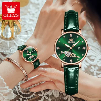 OLEVS Atsitiktinis Žiūrėti Moterų Laikrodžiai Ponios Kūrybos žalia Odinis Dirželis Moterų Apyrankės, Laikrodžiai Moterų Vandeniui Laikrodis Relogio