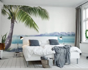 Papel de parede Akvarelė mėlyna jūra kokoso medžio viduržemio jūros regiono stiliaus tapetų,svetainė, miegamojo sienos dokumentų namų dekoro freskos