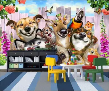 Pasirinktinius nuotraukų freskos 3d kambario sienos popieriaus Mielas animacinių filmų sode šuo, katė fone Namų dekoro 3d sienų freskomis tapetų sienos, 3 d
