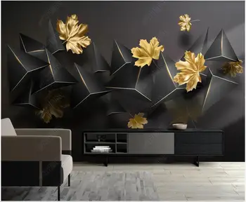 pasirinktinius nuotraukų freskos 3d tapetai Modernūs, prabangūs auksiniai klevo lapų 3D juodas trikampis kambaryje namų dekoro tapetai sienos į ritinius