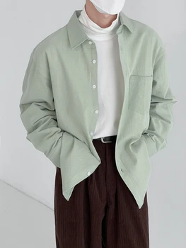 Pavasarį ir rudenį atsitiktinis marškinėliai vyrams ilgomis rankovėmis vientisos spalvos atvartas marškinėliai bf prarasti laukinių tendencija minimalistinio viršų