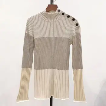 Pusė aukšto kaklo megzti megztinis rudenį ir žiemą naujas duobę juostelės rašybos spalvos vilnos megztinis moteriška atsitiktinis dugno marškinėliai, topai