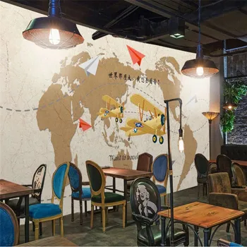 Retro Pasaulio Žemėlapyje Lėktuvo Freskos Sienos Dokumentų Namų Dekoro 3D Kavos Parduotuvė Restoranas, Baras, Pramonės Dekoro Foną 3D