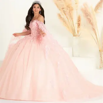 Rožinė Quinceanera Suknelės Kamuolys Suknelė Nuo Peties Tiulio Appliques Meksikos Saldus 16 Suknelės 15 Anos